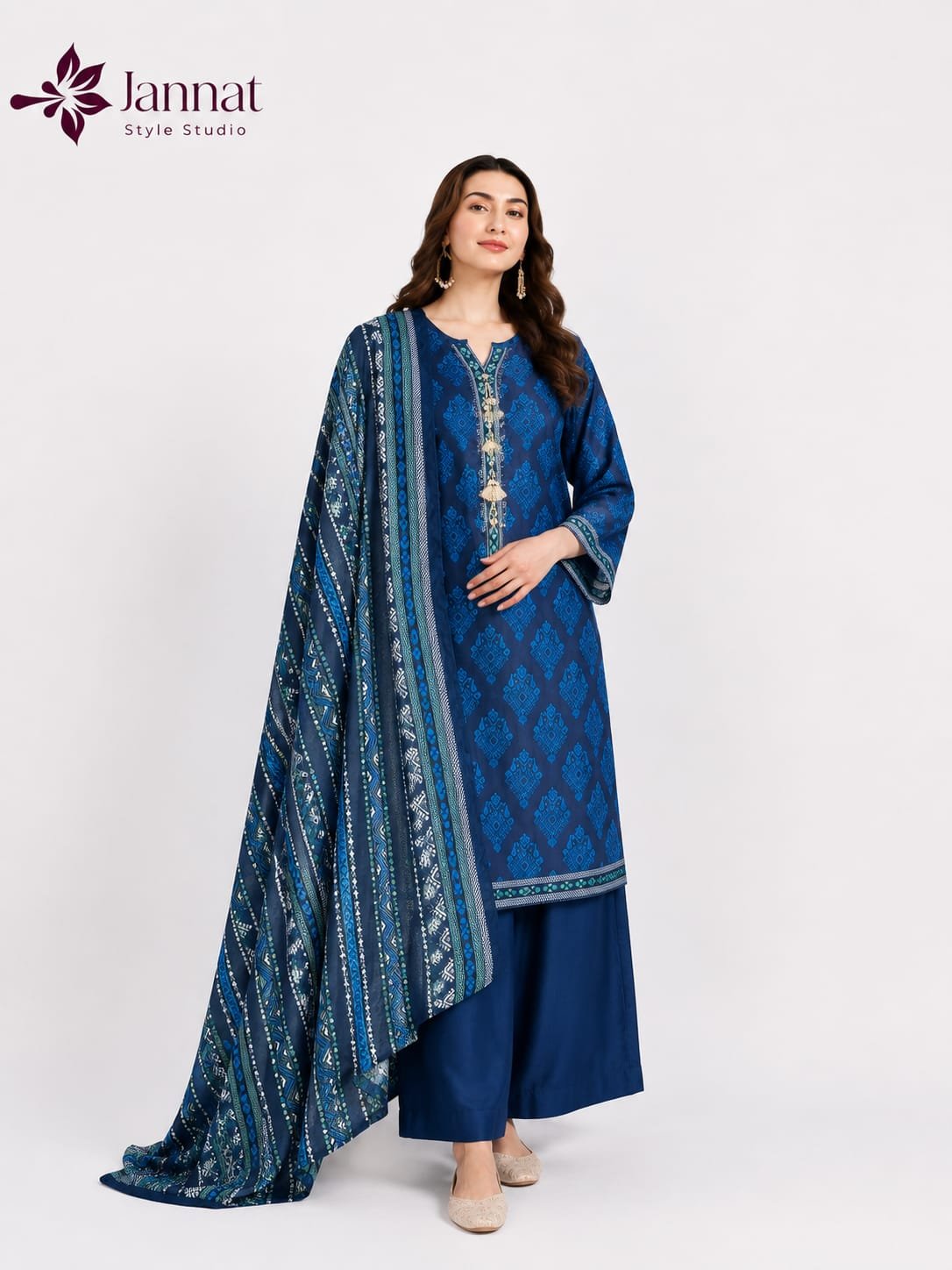 Jannat Style Studio - Deep Blue Printed Lawn 3-Piece Suit