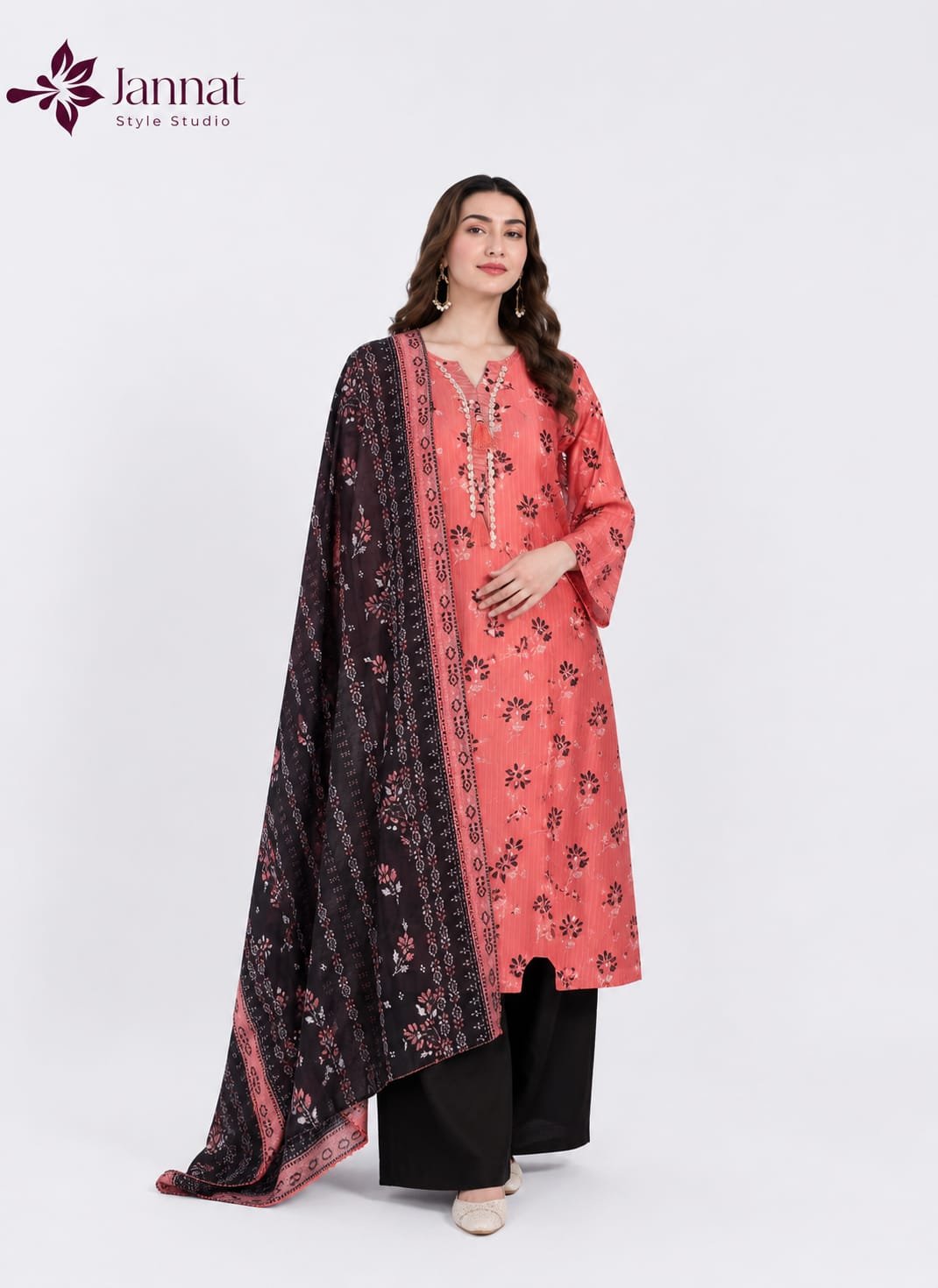 Jannat Style Studio - Peach & Black Printed Lawn 3-Piece Suit