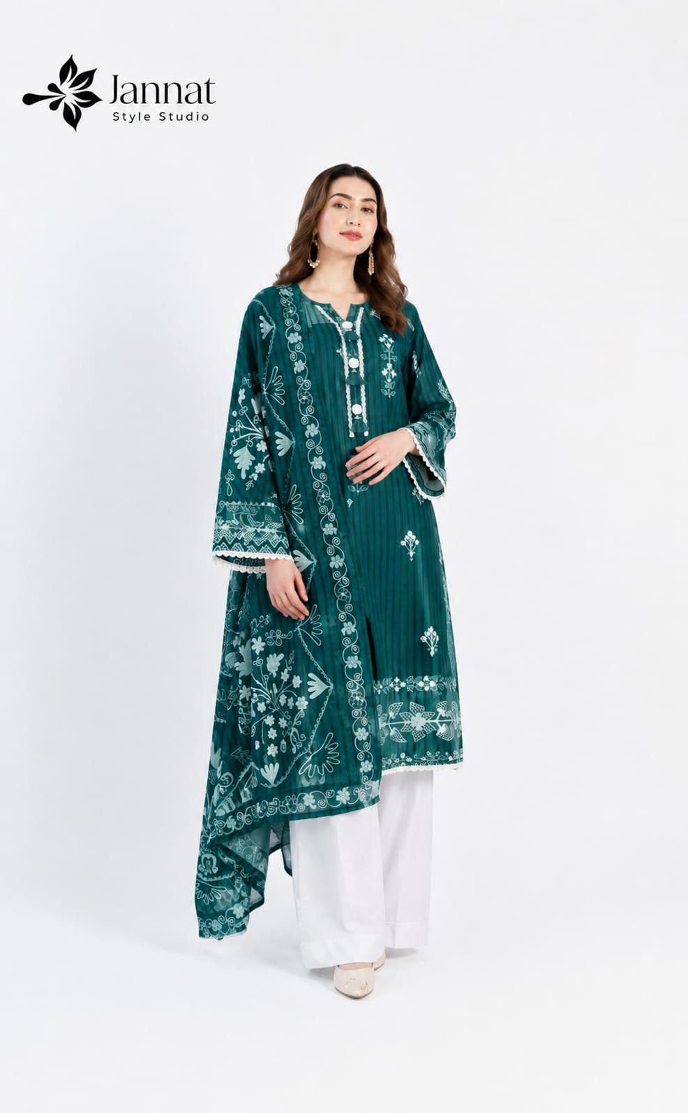 Jannat Style Studio - Emerald Green & White Printed Lawn 3-Piece Suit