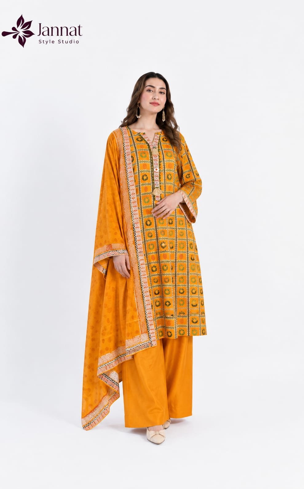 Jannat Style Studio - Mustard Yellow Printed Lawn 3-Piece Suit