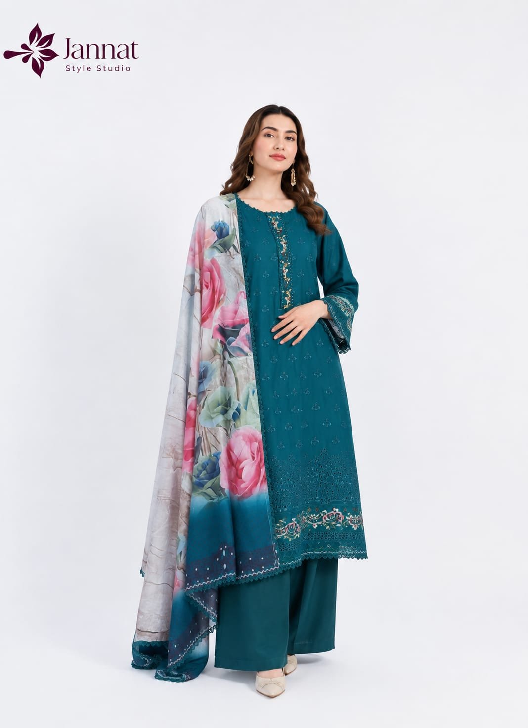 Teal Blue Embroidered Lawn 3-Piece Suit