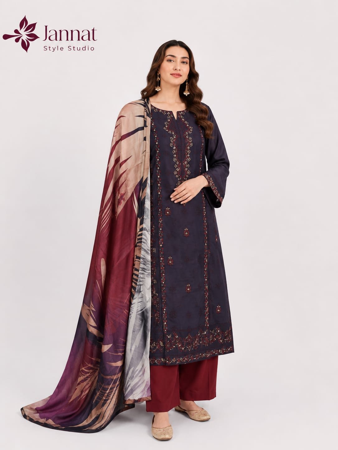 Navy Blue & Maroon Embroidered Lawn 3-Piece Suit