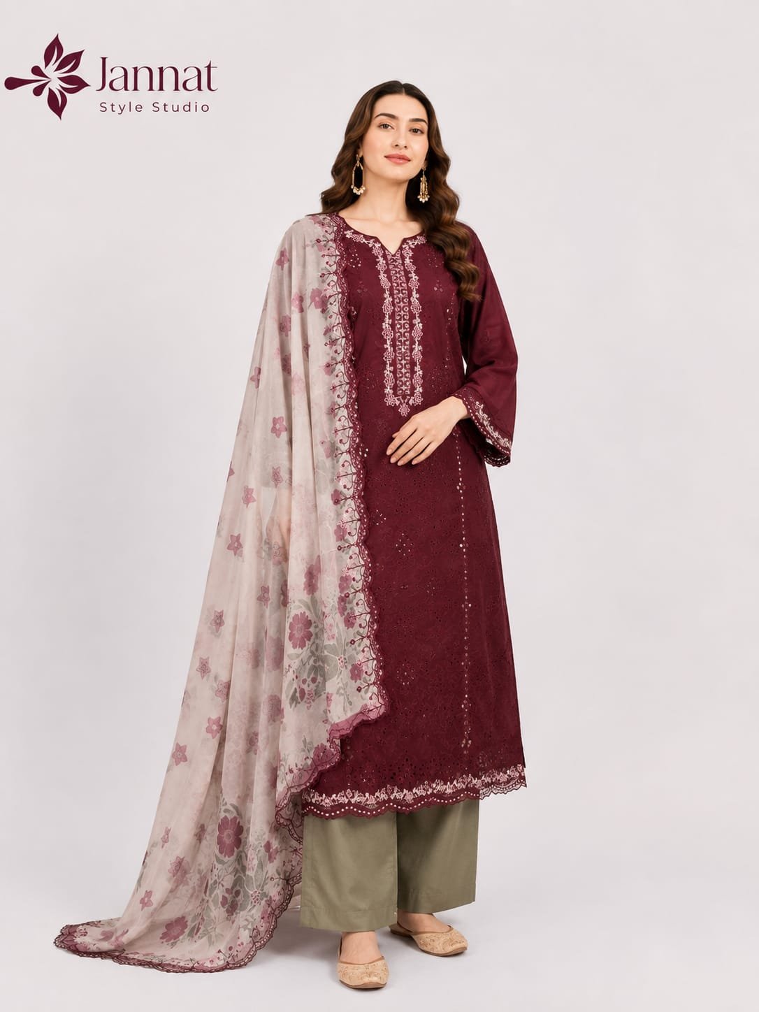 Maroon & Olive Green Embroidered Lawn 3-Piece Suit