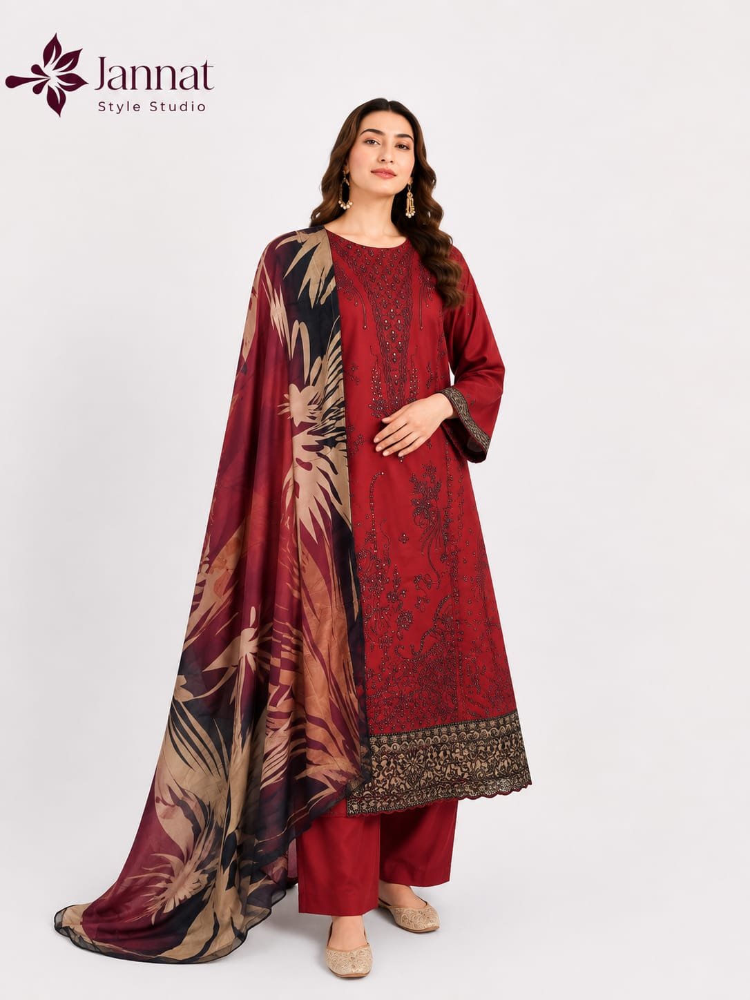Deep Red & Maroon Printed Lawn 3-Piece Suit