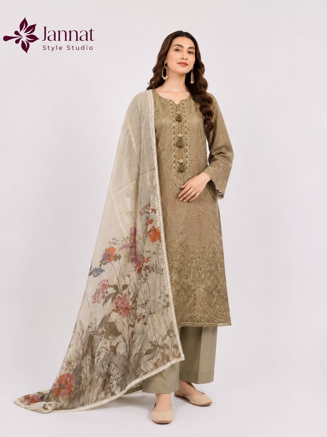 Taupe Beige Embroidered Lawn 3-Piece Suit