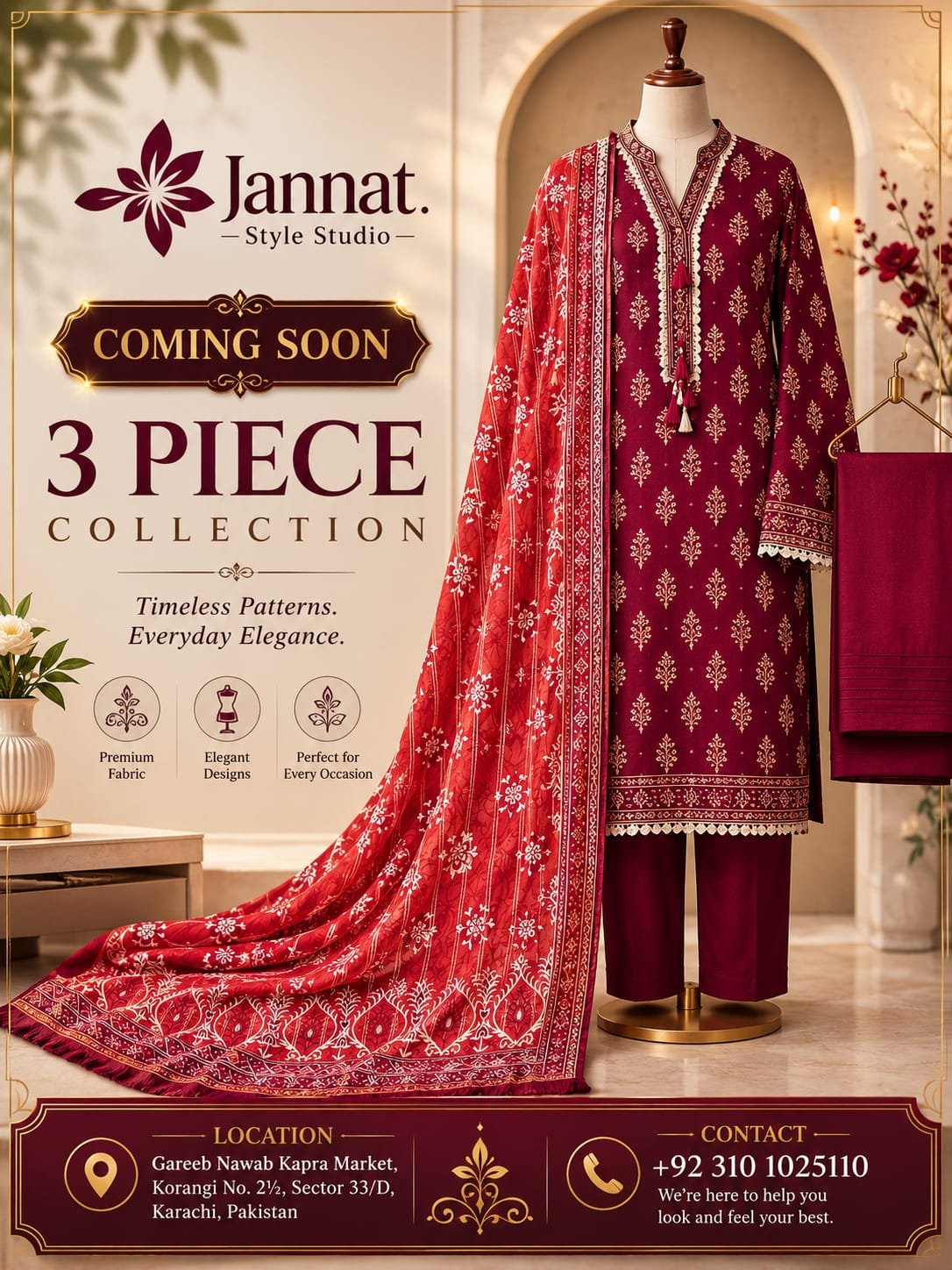 Jannat Style Studio – Maroon & Red Printed Lawn 3-Piece Suit