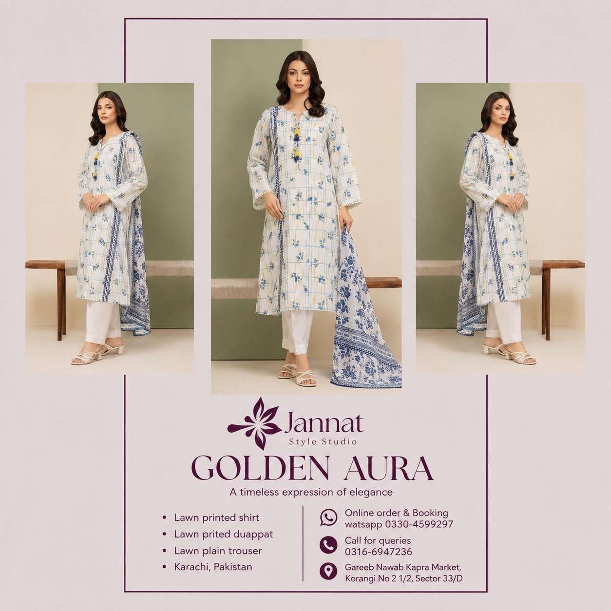 Jannat Style Studio – Blue & White Printed Lawn Ready-to-Wear 3-Piece Suit