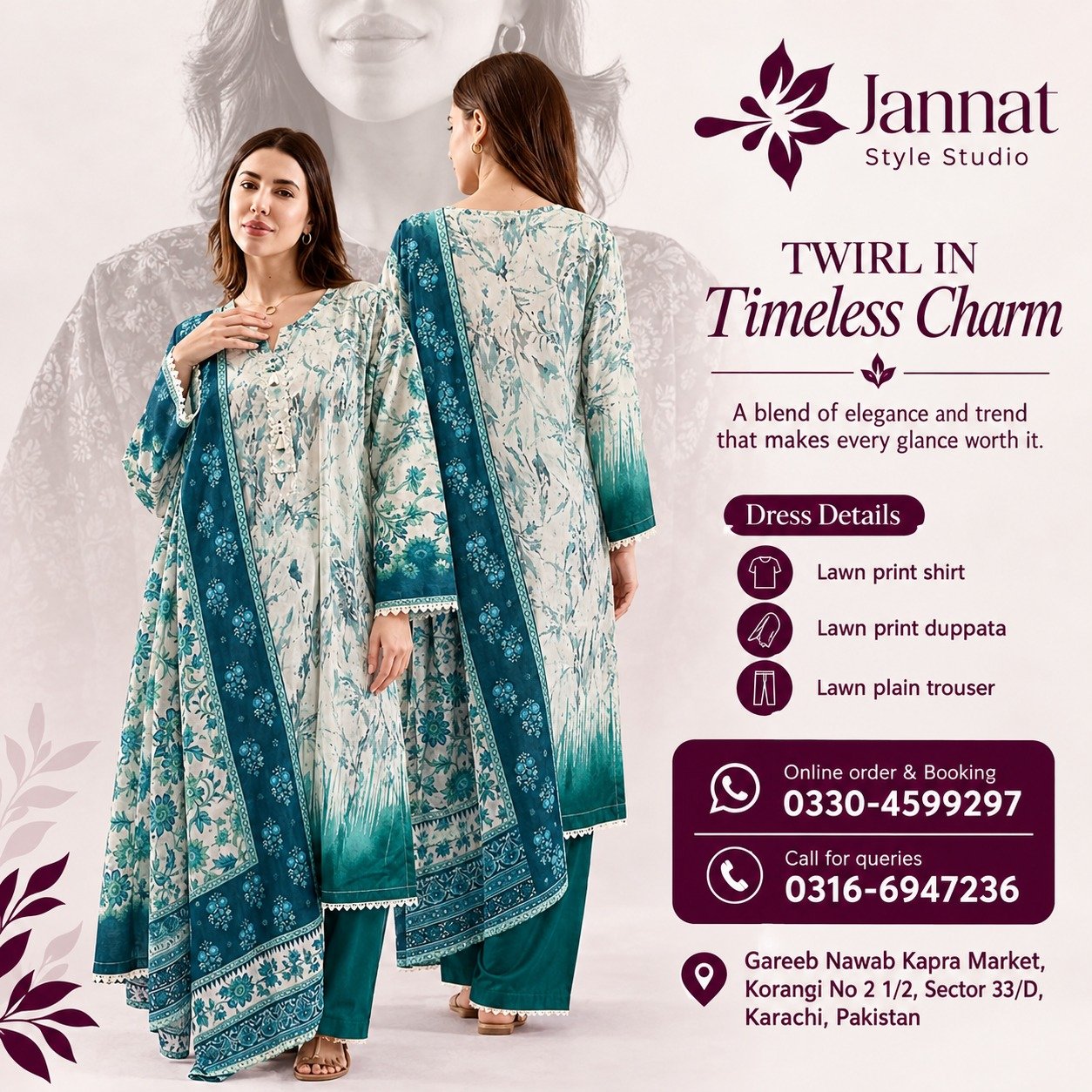 Jannat Style Studio – Teal & White Printed Lawn 3-Piece Suit