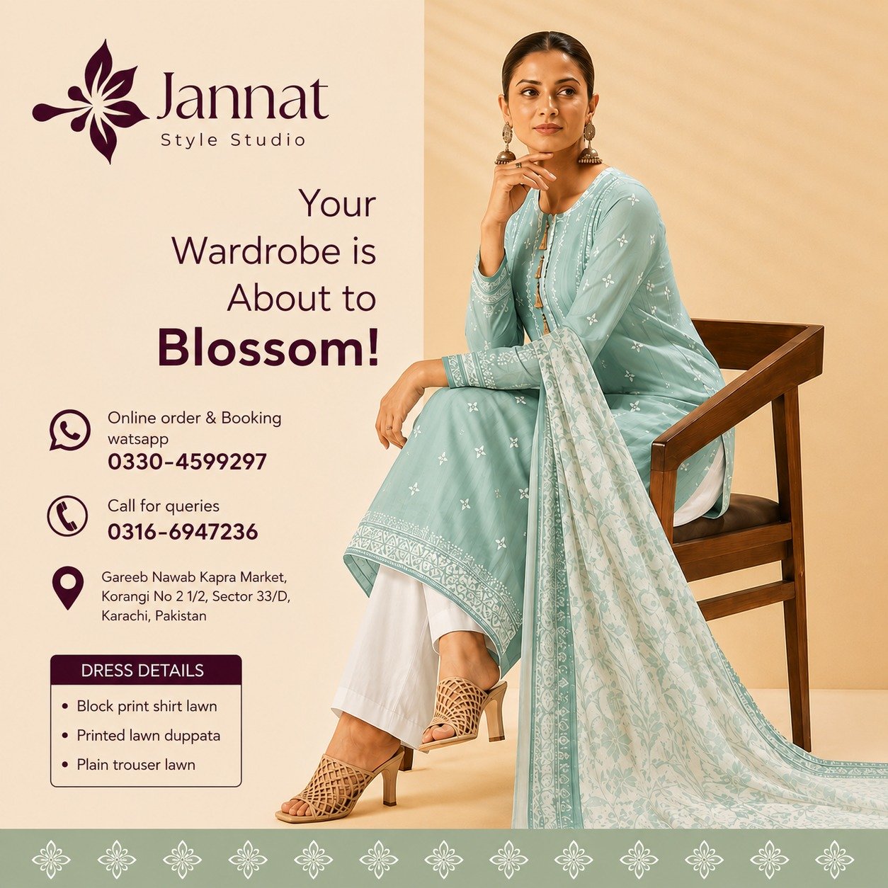 Jannat Style Studio – Mint Green Block Printed Lawn 3-Piece Suit