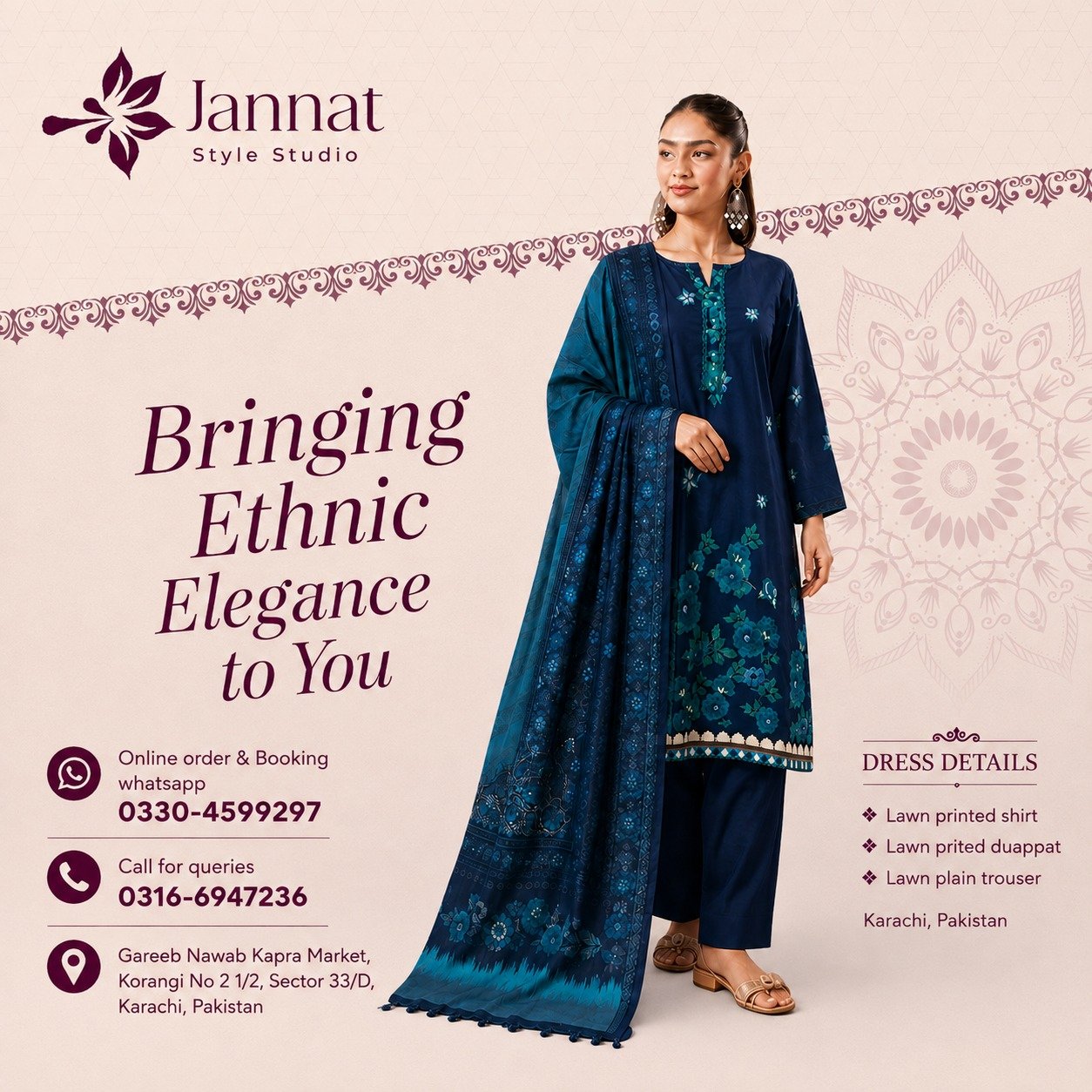 Jannat Style Studio – Deep Blue Printed Lawn 3-Piece Suit