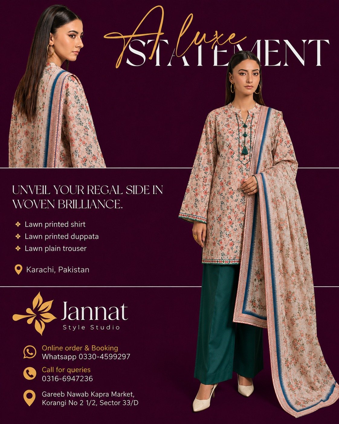 Jannat Style Studio – Peach & Teal Floral Printed Lawn 3-Piece Suit