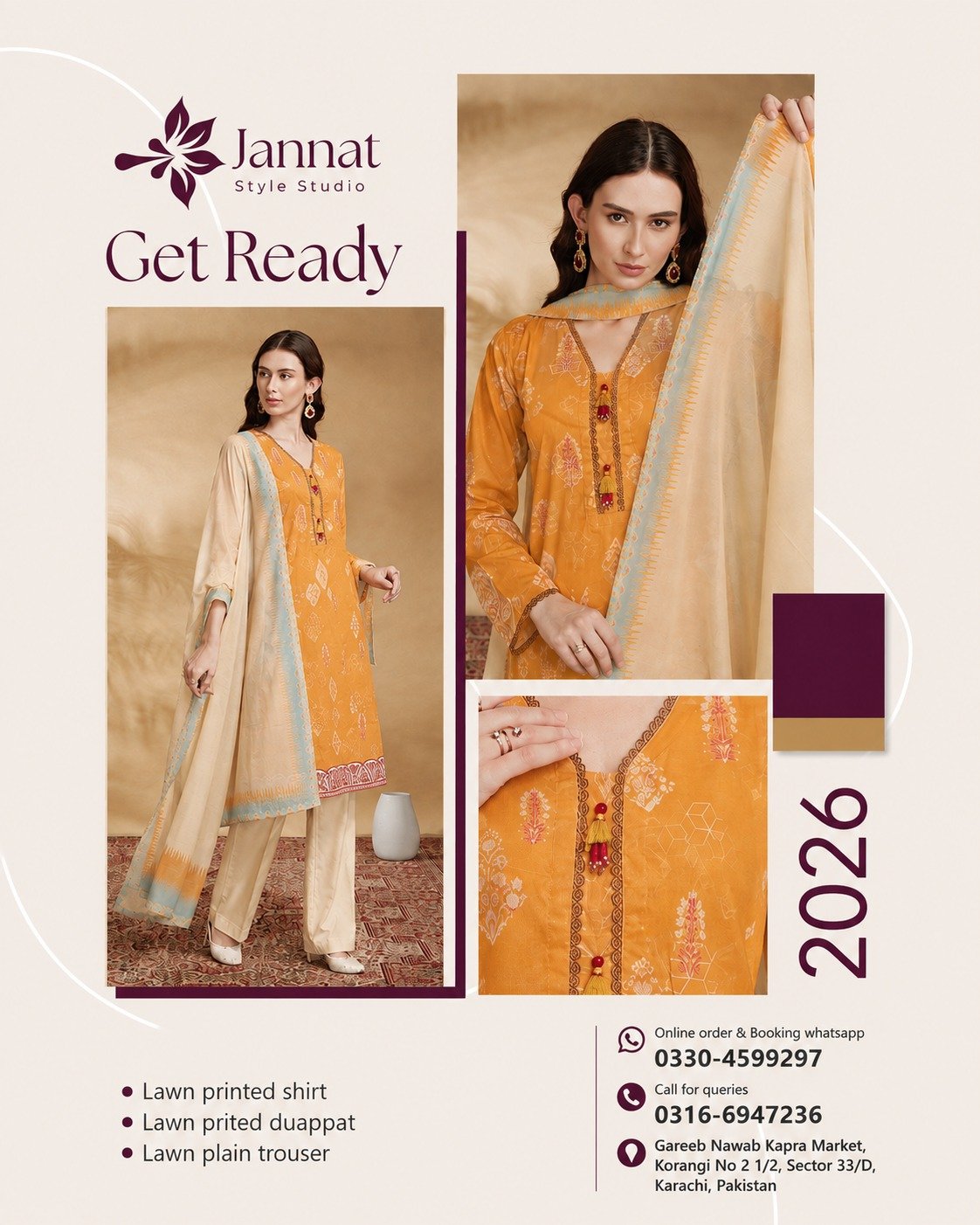 Jannat Style Studio – Mustard Yellow Printed Lawn 3-Piece Suit