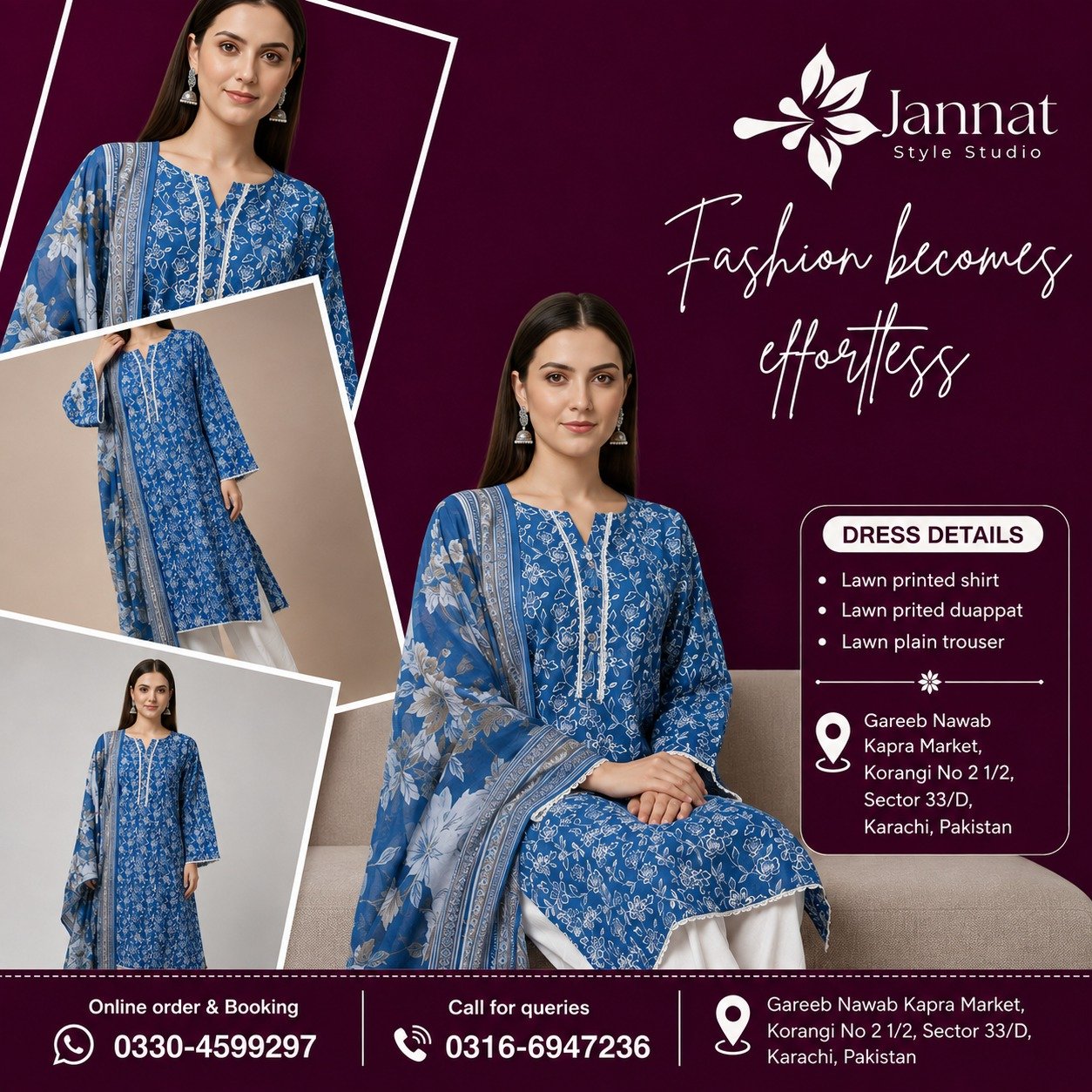 Jannat Style Studio – Blue Printed Lawn 3-Piece Suit