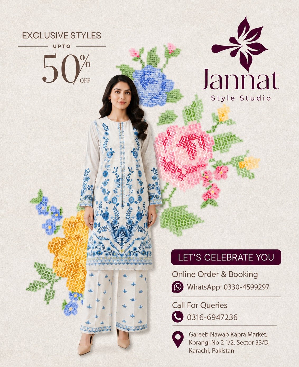 Jannat Style Studio – White & Blue Floral Printed Lawn 2-Piece Suit