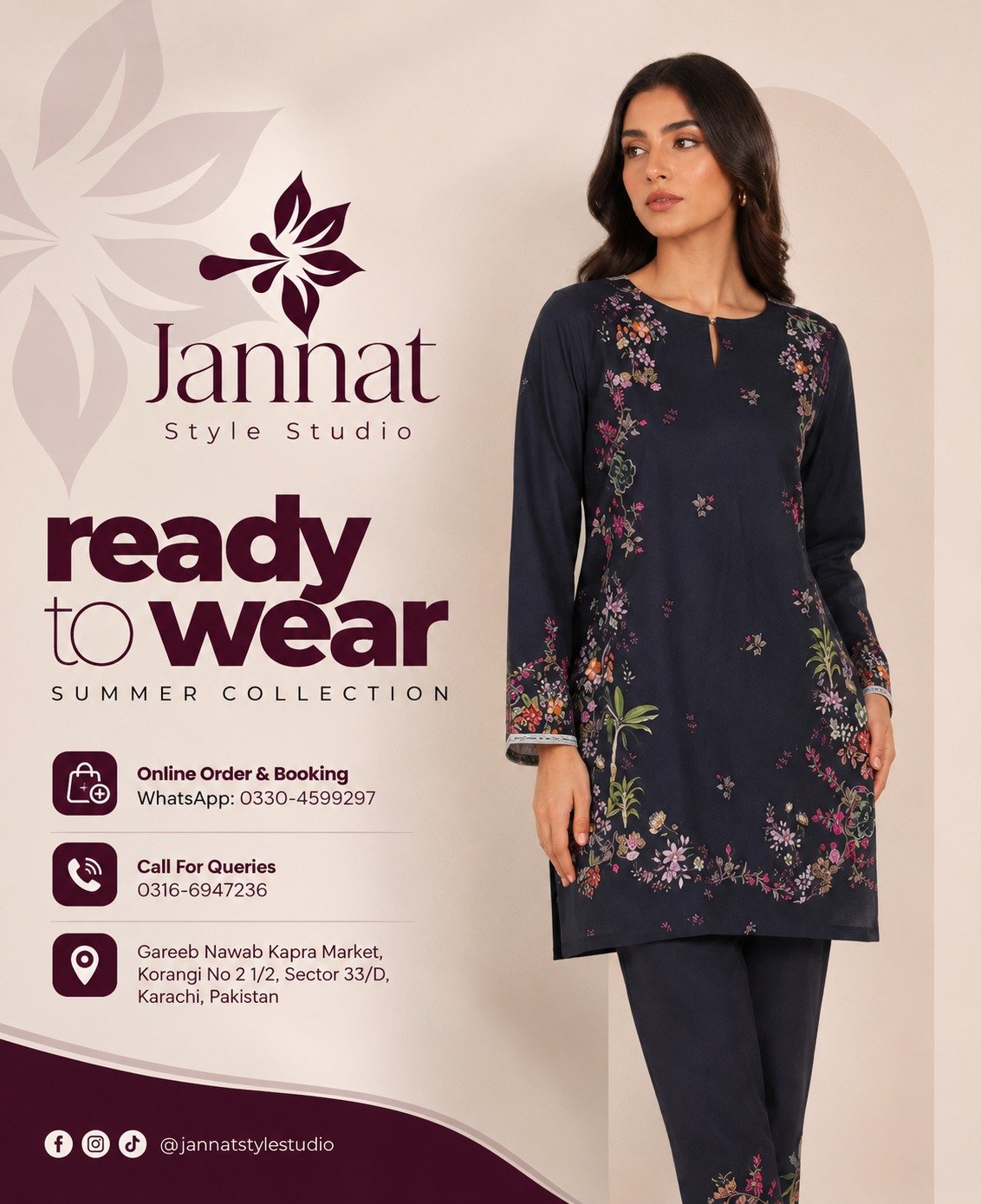 Jannat Style Studio Navy Blue Floral Printed Ready-to-Wear 2-Piece Suit
