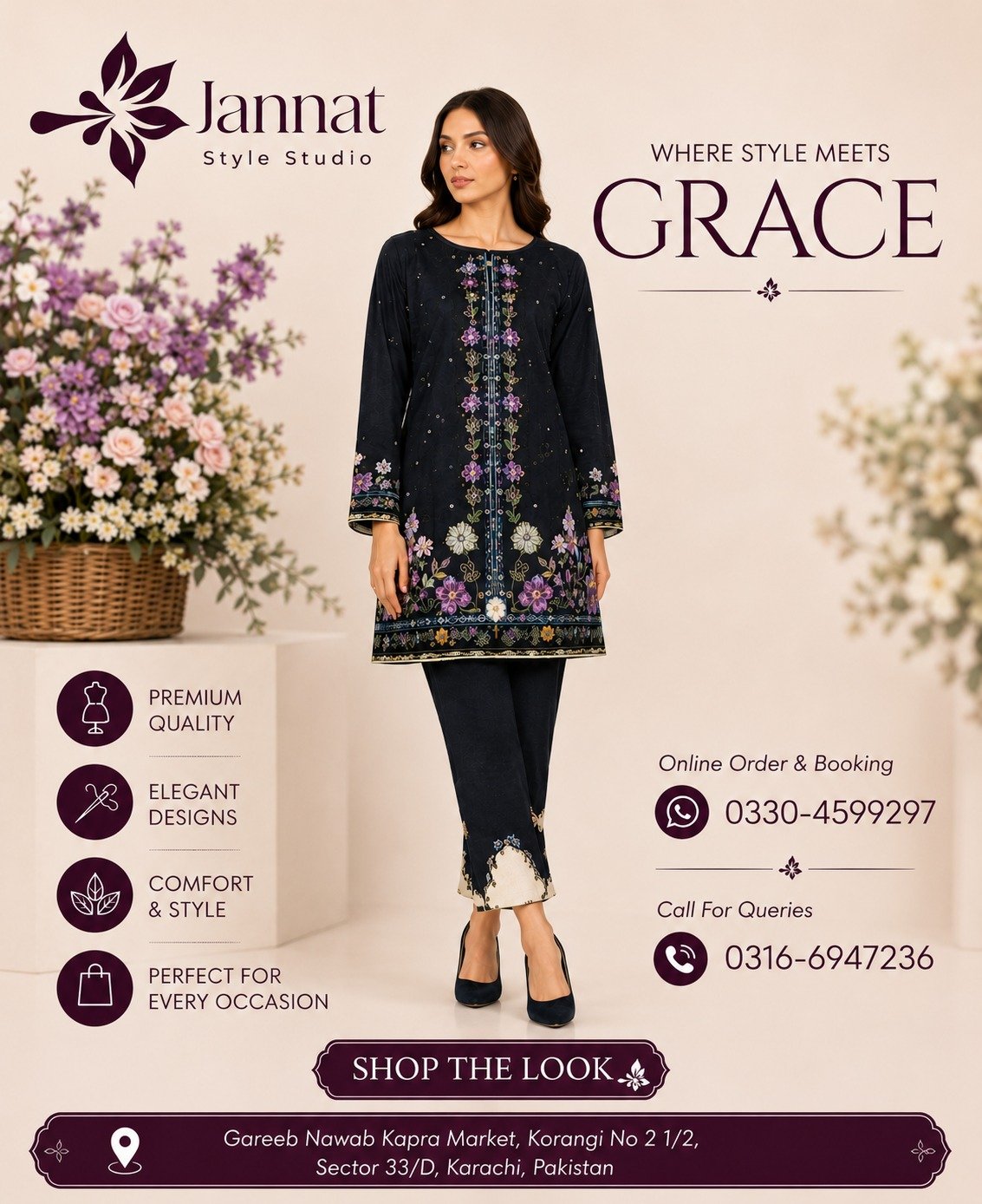 Jannat Style Studio Black Floral Printed Ready-to-Wear 2-Piece Suit