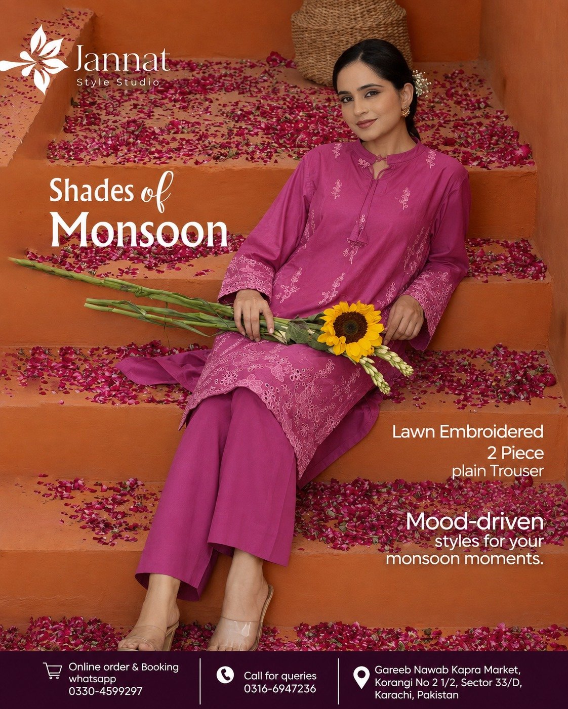 Jannat Style Studio – Pink Lawn Embroidered 2-Piece Suit with Plain Trouser