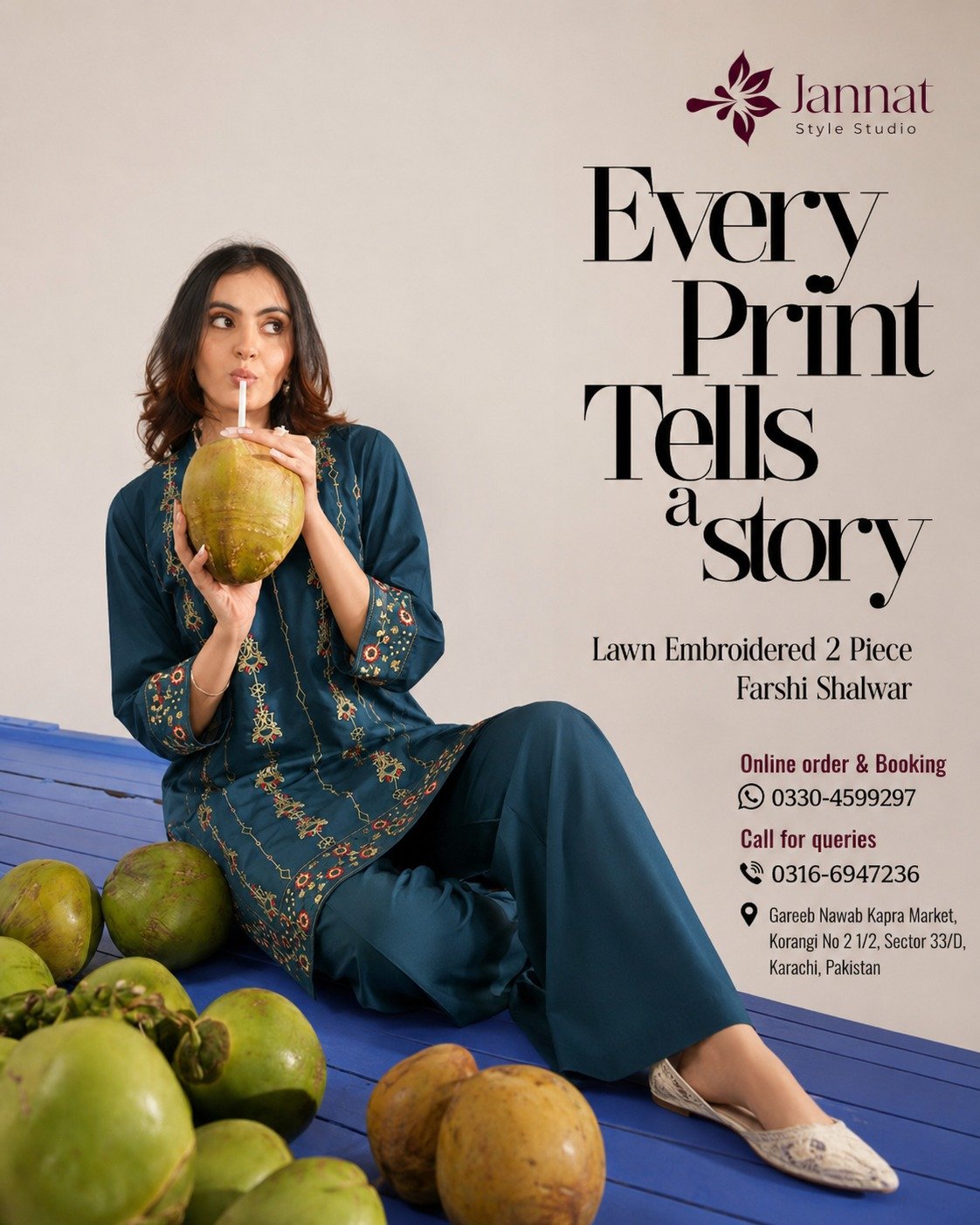 Jannat Style Studio – Teal Blue Lawn Embroidered 2-Piece with Farshi Shalwar