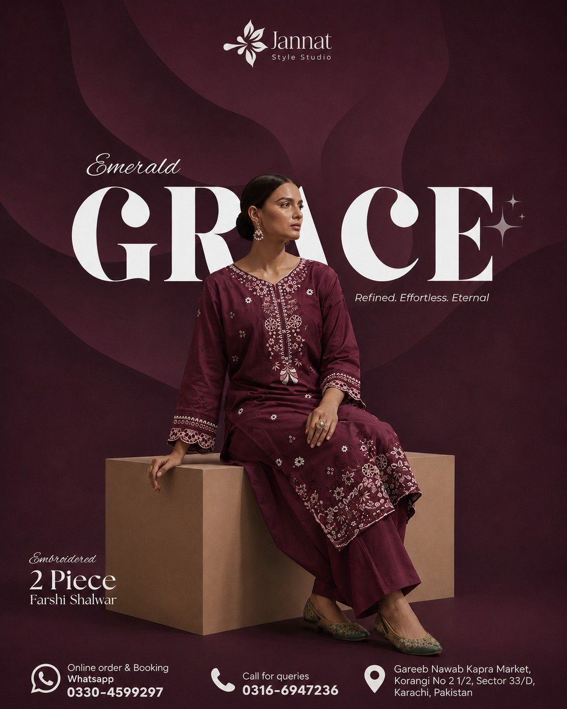 Jannat Style Studio – Emerald Maroon Embroidered 2-Piece with Farshi Shalwar