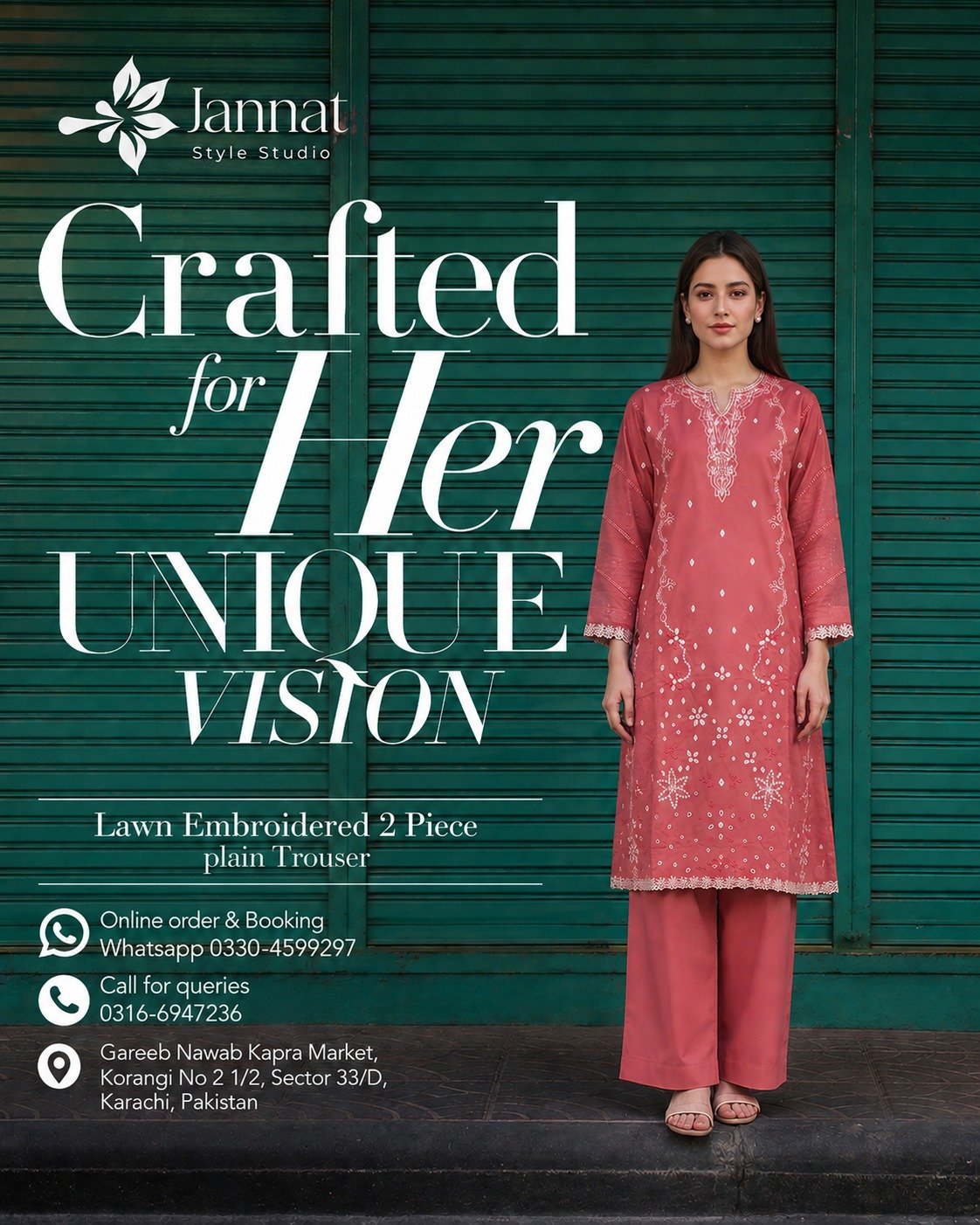 Jannat Style Studio – Coral Pink Lawn Embroidered 2-Piece with Plain Trouser