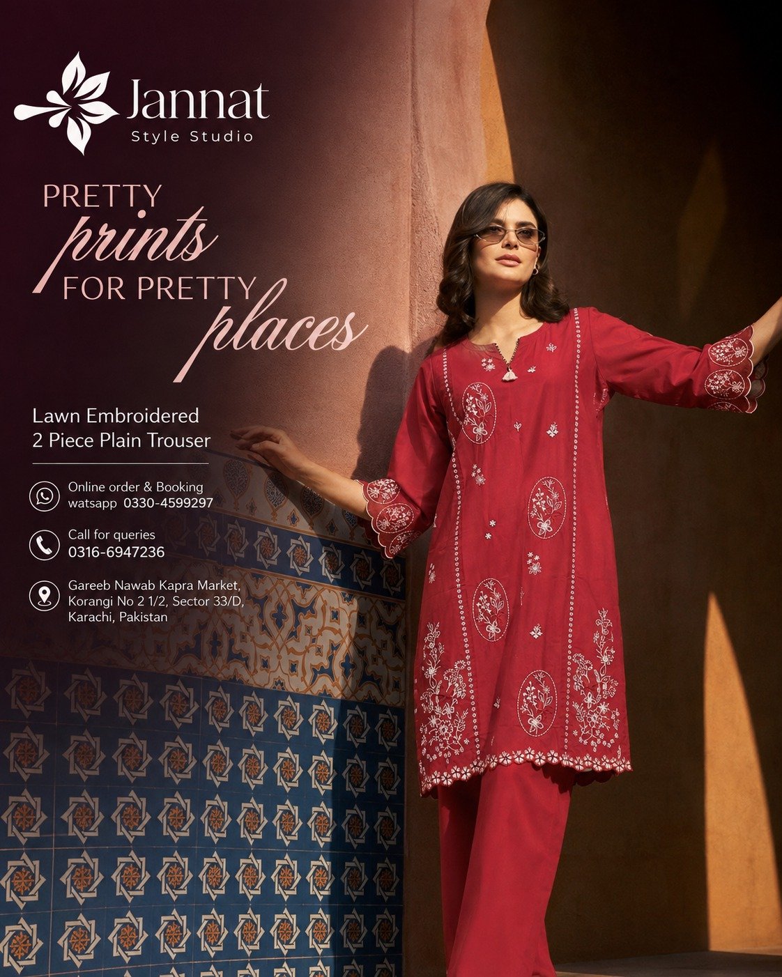Jannat Style Studio – Pretty Red Lawn Embroidered 2-Piece with Plain Trouser