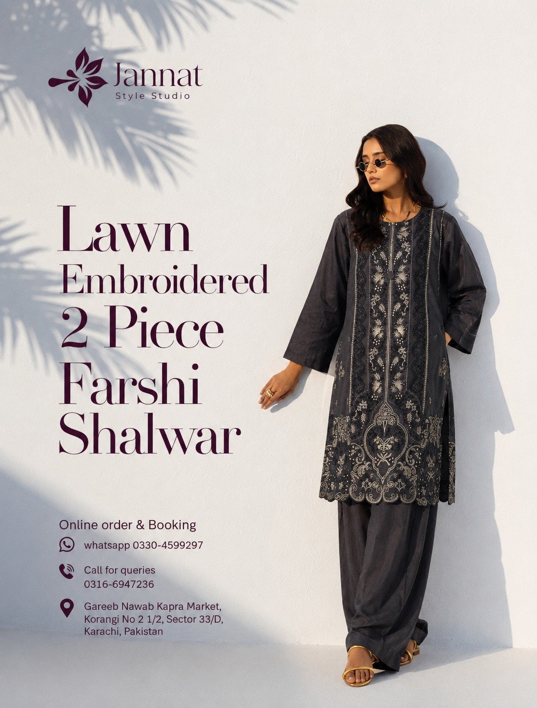 Jannat Style Studio – Elegant Charcoal Grey Lawn Embroidered 2-Piece Farshi Shalwar