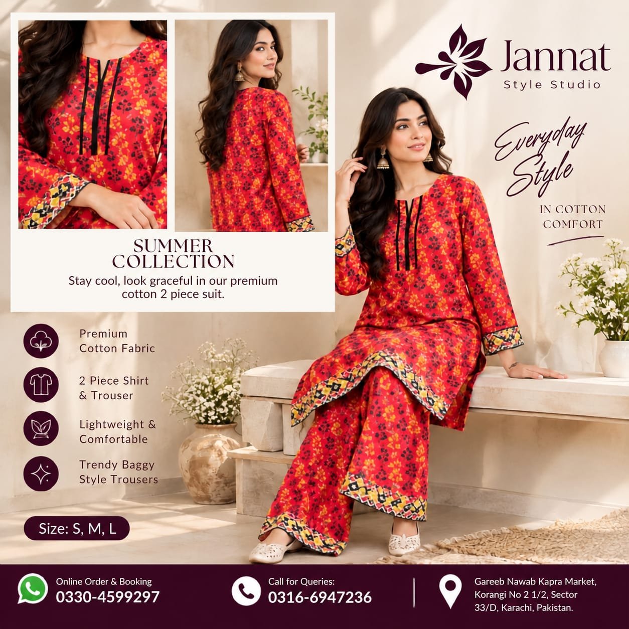 Jannat Style Studio – Elegant Red Floral Printed Cotton 2-Piece Suit with Baggy Trousers