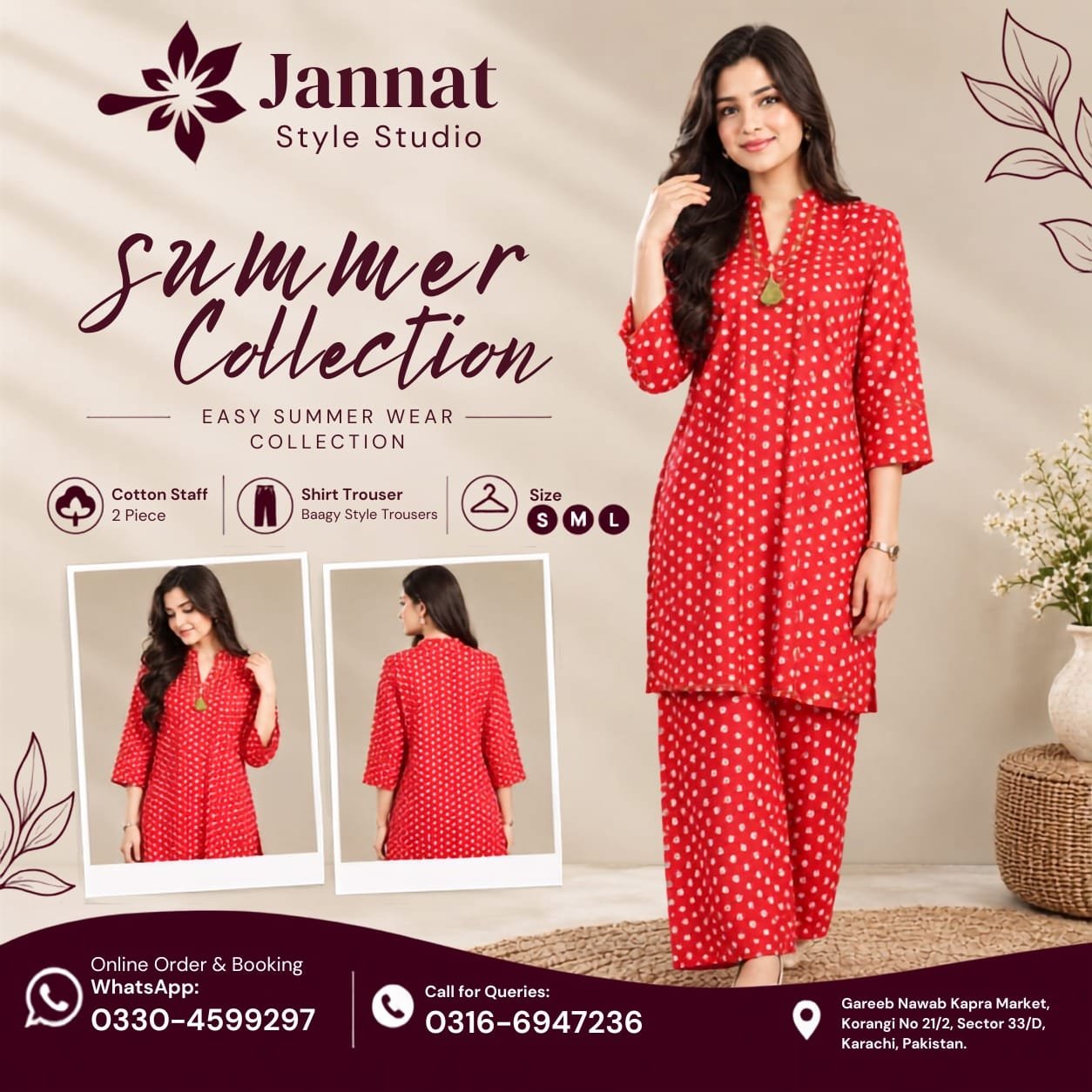 Jannat Style Studio – Elegant Red Printed Cotton 2-Piece Suit with Baggy Trousers