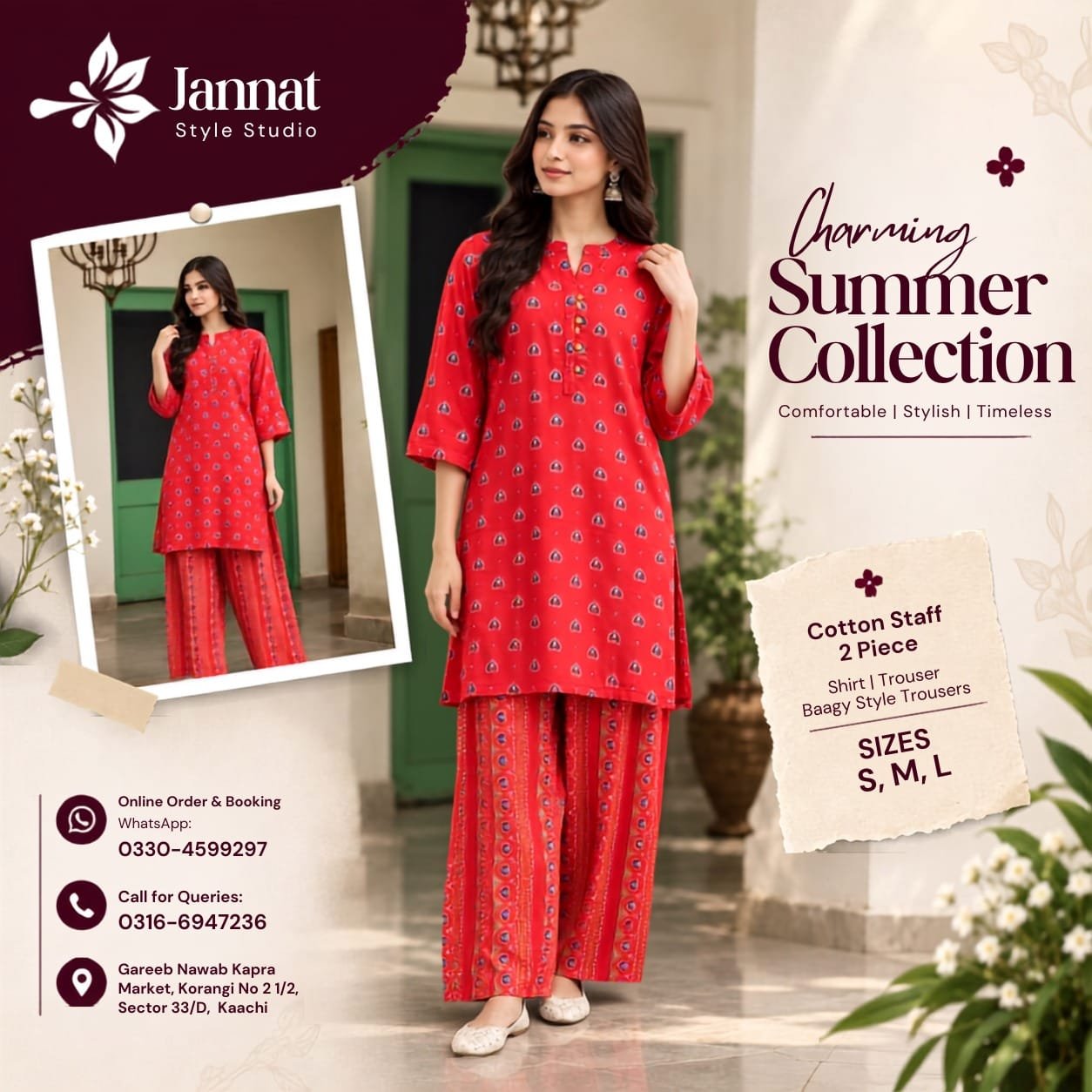 Jannat Style Studio – Charming Red Cotton 2-Piece Printed Shirt & Trouser
