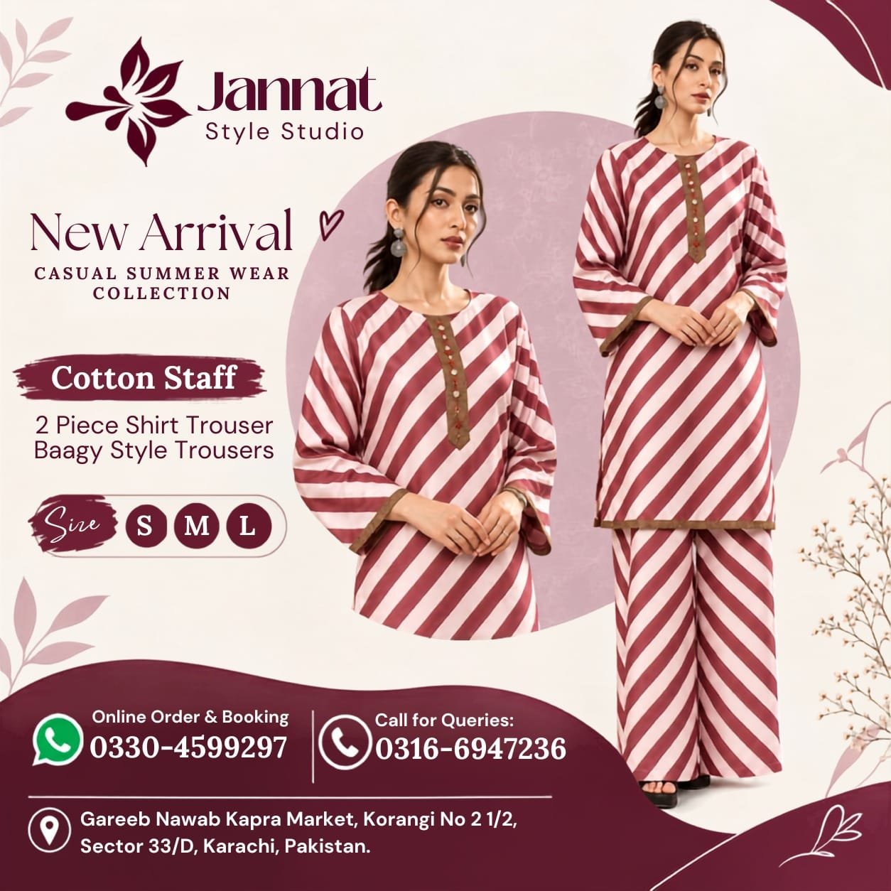 Jannat Style Studio – Elegant Red & White Striped Cotton 2-Piece Suit with Baggy Trousers