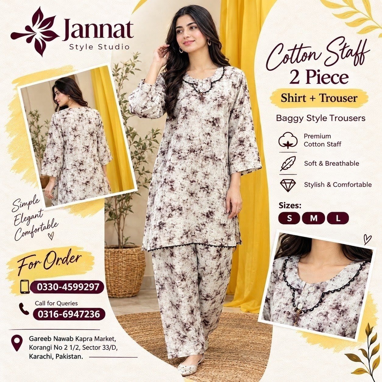 Jannat Style Studio – Elegant Off-White & Maroon Printed Cotton Staff 2-Piece Suit with Baggy Trousers