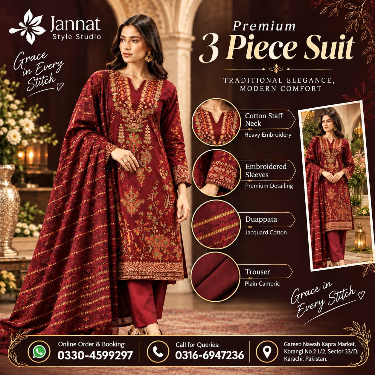 Jannat Style Studio – Premium Maroon Embroidered Cotton 3-Piece Suit with Jacquard Dupatta